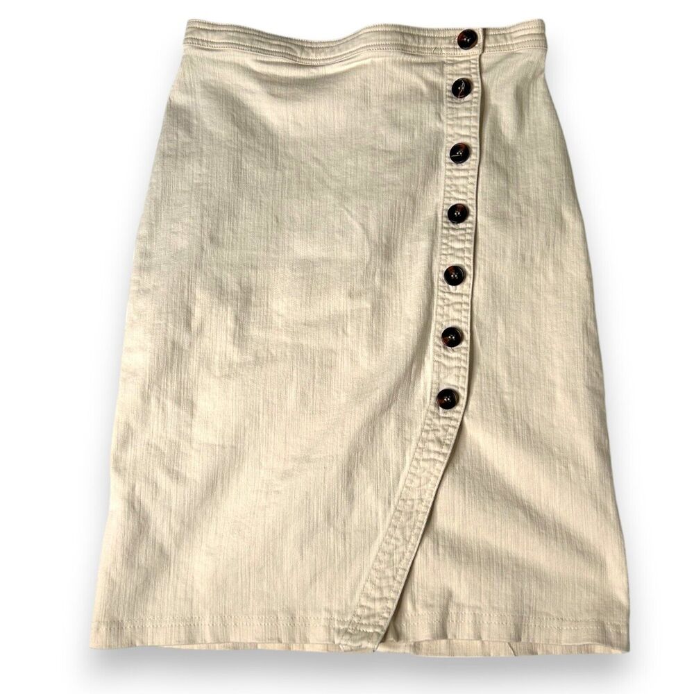 ASTR The Label Women's Beige Asymmetric Front Button Skirt Size S Stretch Denim
